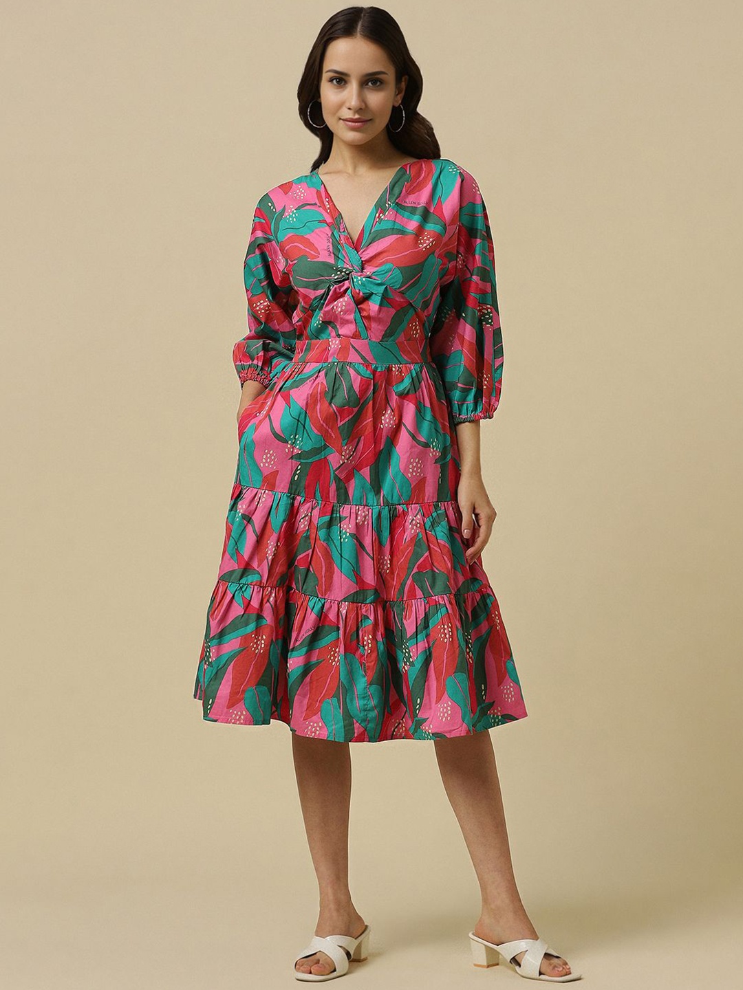 

Allen Solly Woman Floral Printed V-neck Puff Sleeve Fit & Flare Dress, Pink