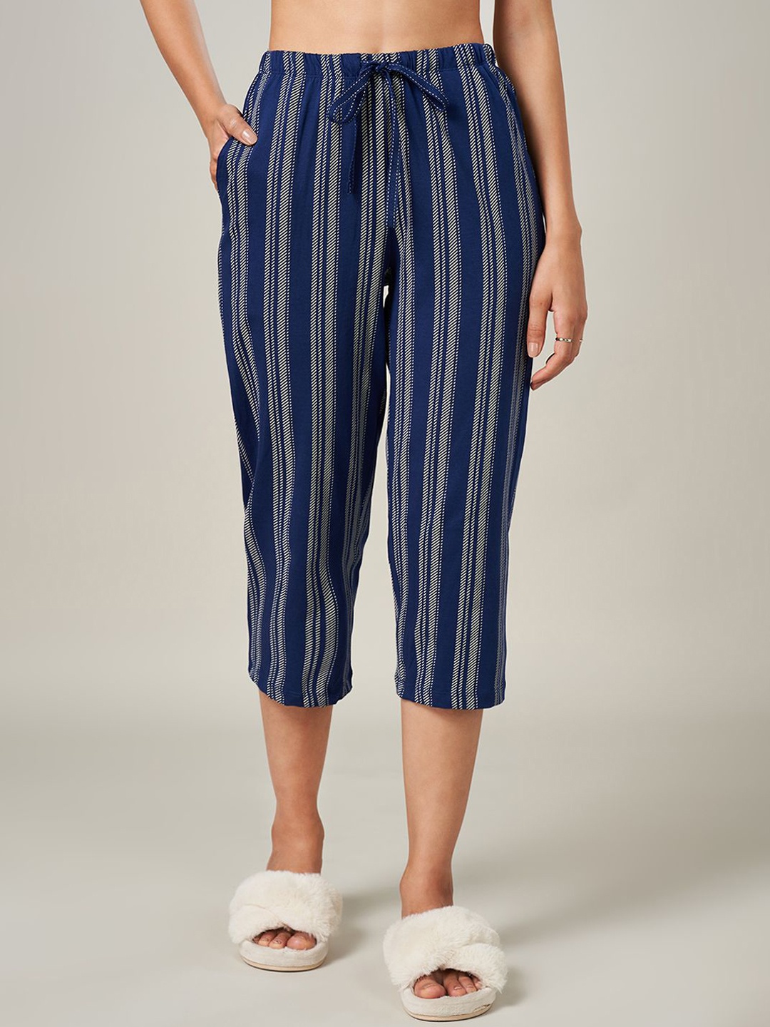 

Dreamz by Pantaloons Women Striped Pure Cotton Straight Lounge Pants, Navy blue
