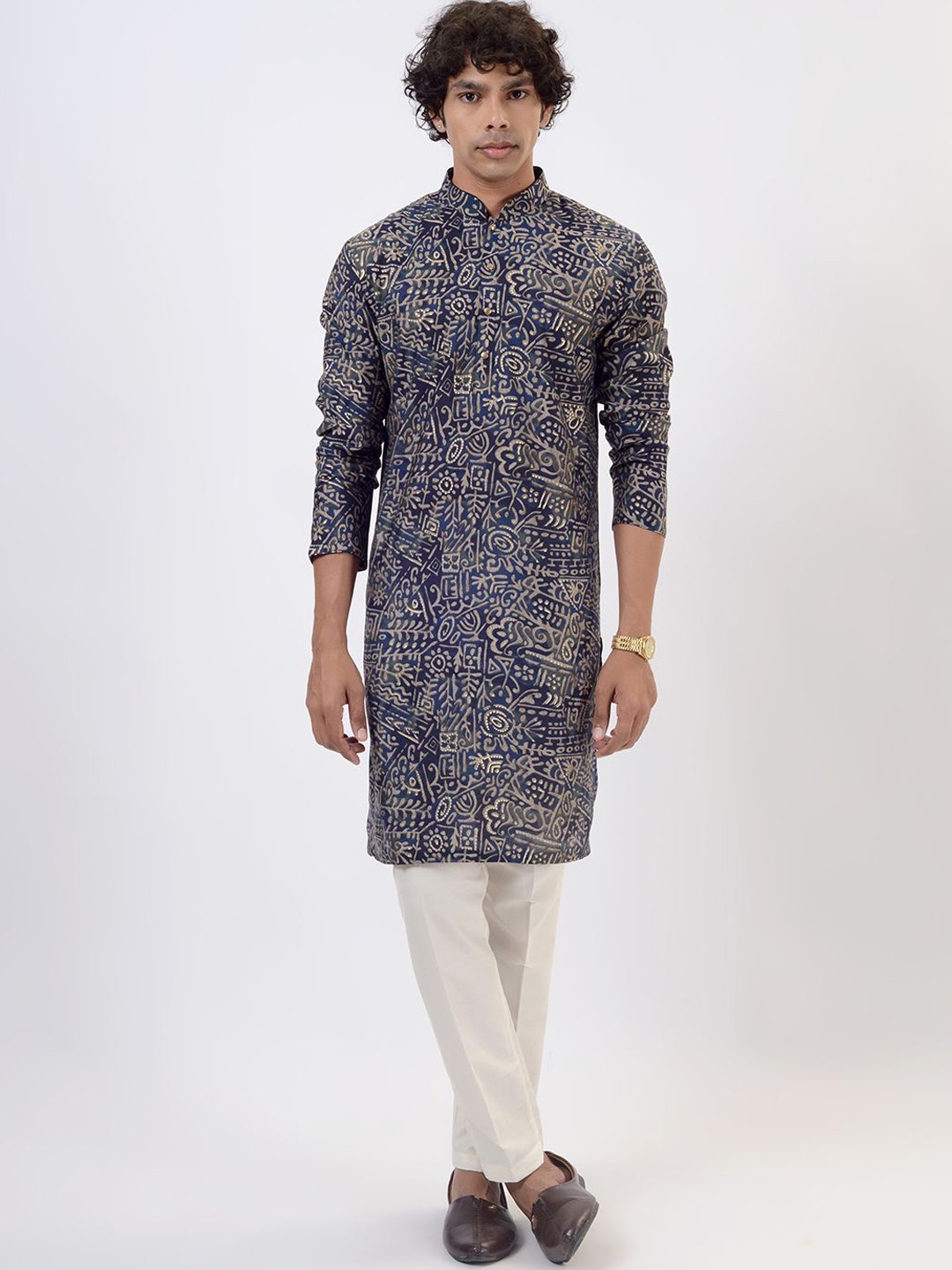 

THE KURTA COMPANY Ethnic Motifs Printed Mandarin Collar Long Sleeves Straight Kurta, Blue