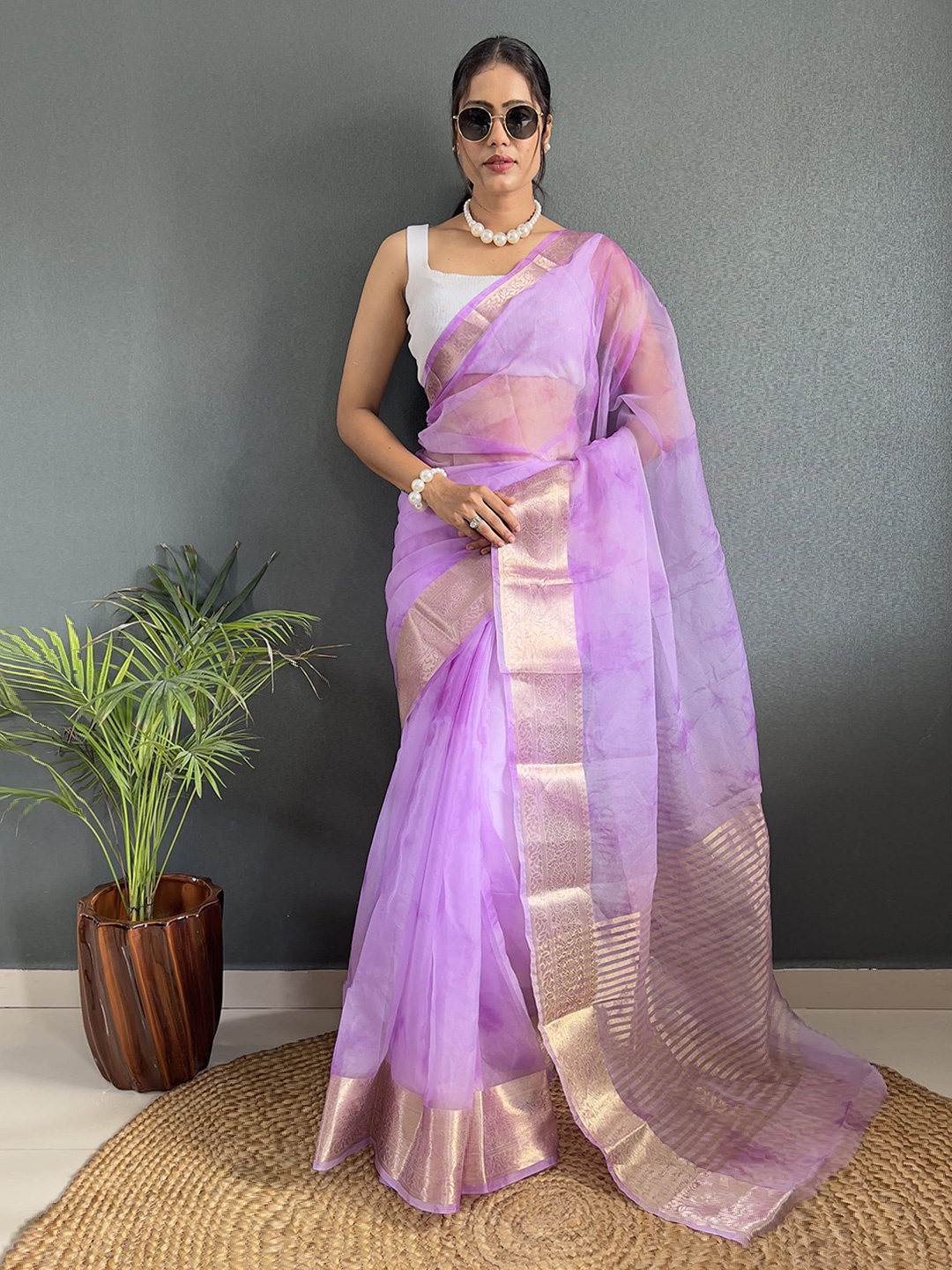 

V3 FASHION STUDIO Zari Organza Kanjeevaram Saree, Purple