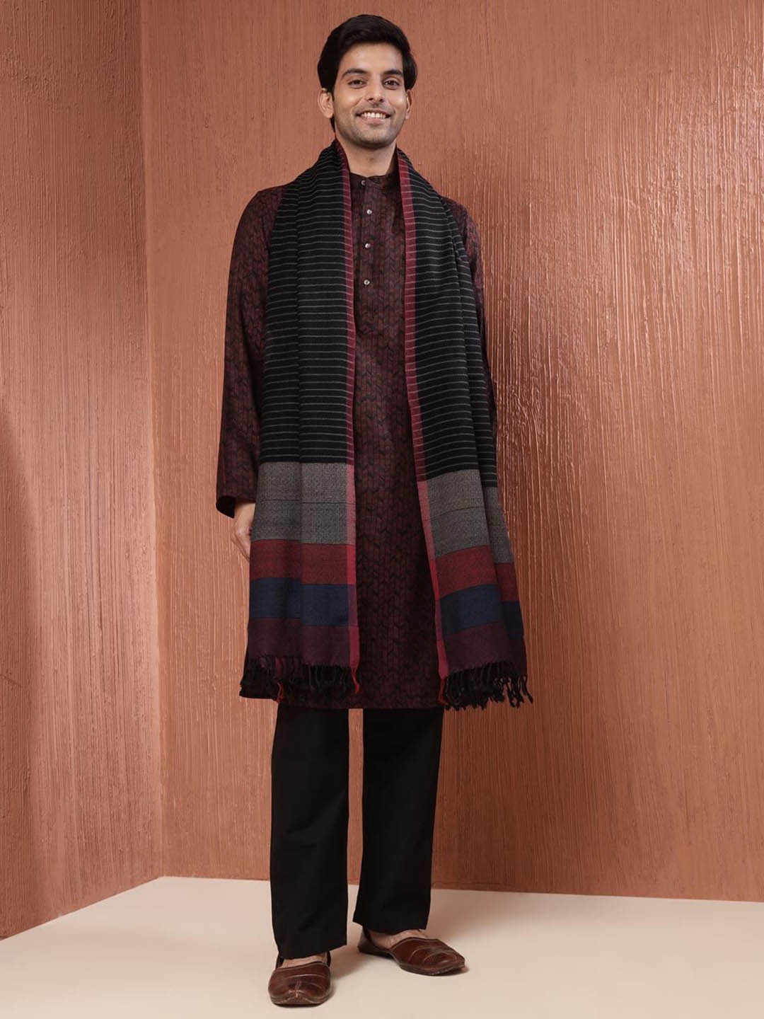 

Fabindia Striped Pure Wool Tasselled Shawl, Black