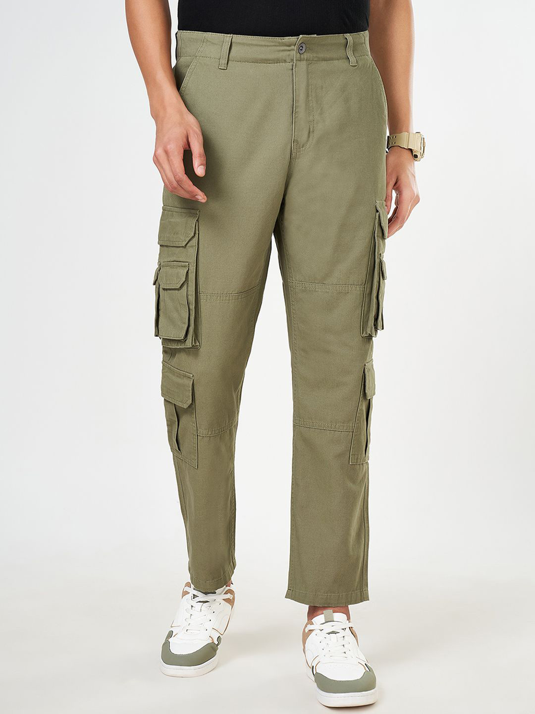 

Urban Ranger by pantaloons Men Regular Fit Cotton Cargo Trouser, Olive