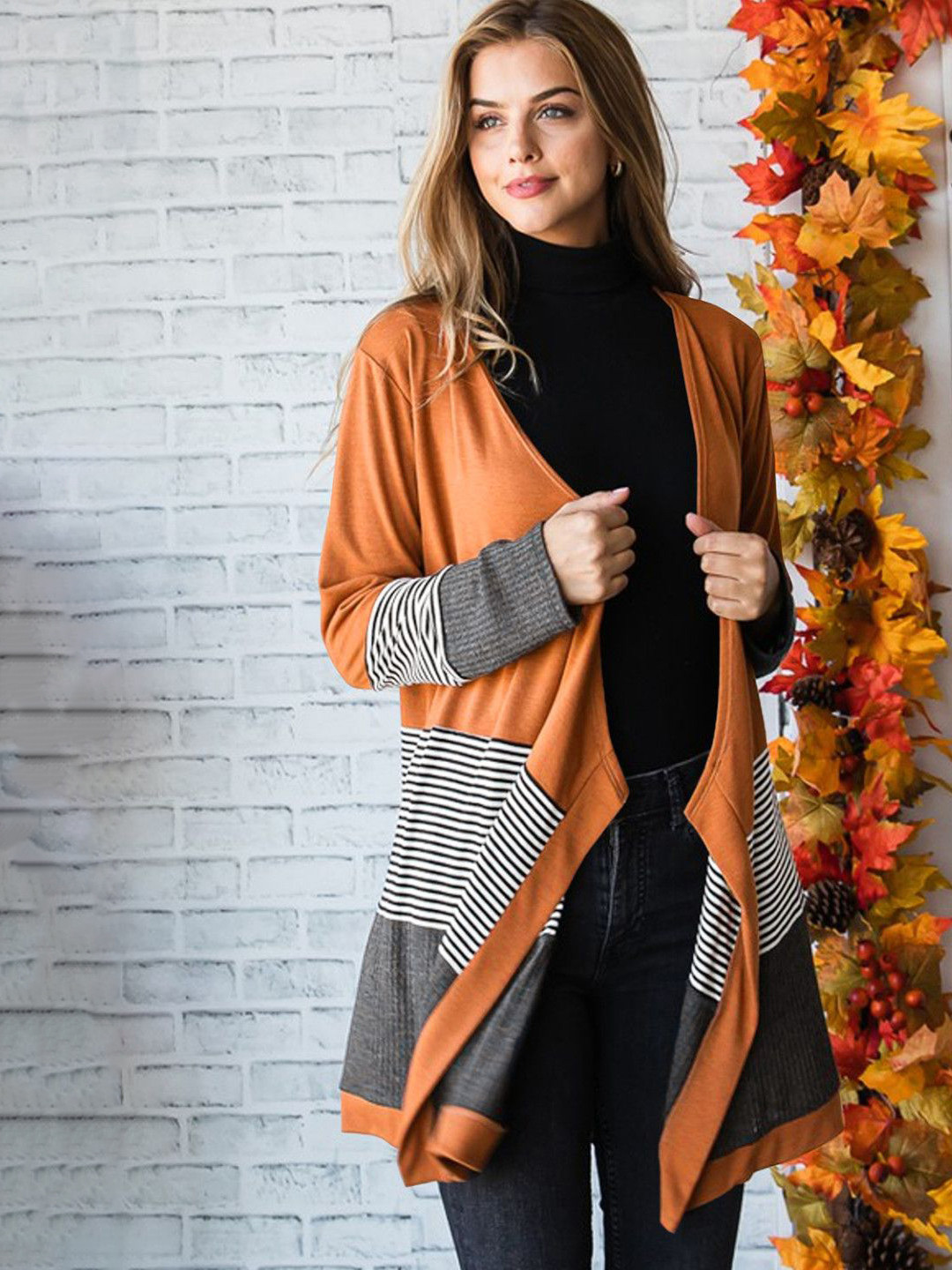 

HERE&NOW Women Striped Longline Cardigan, Brown