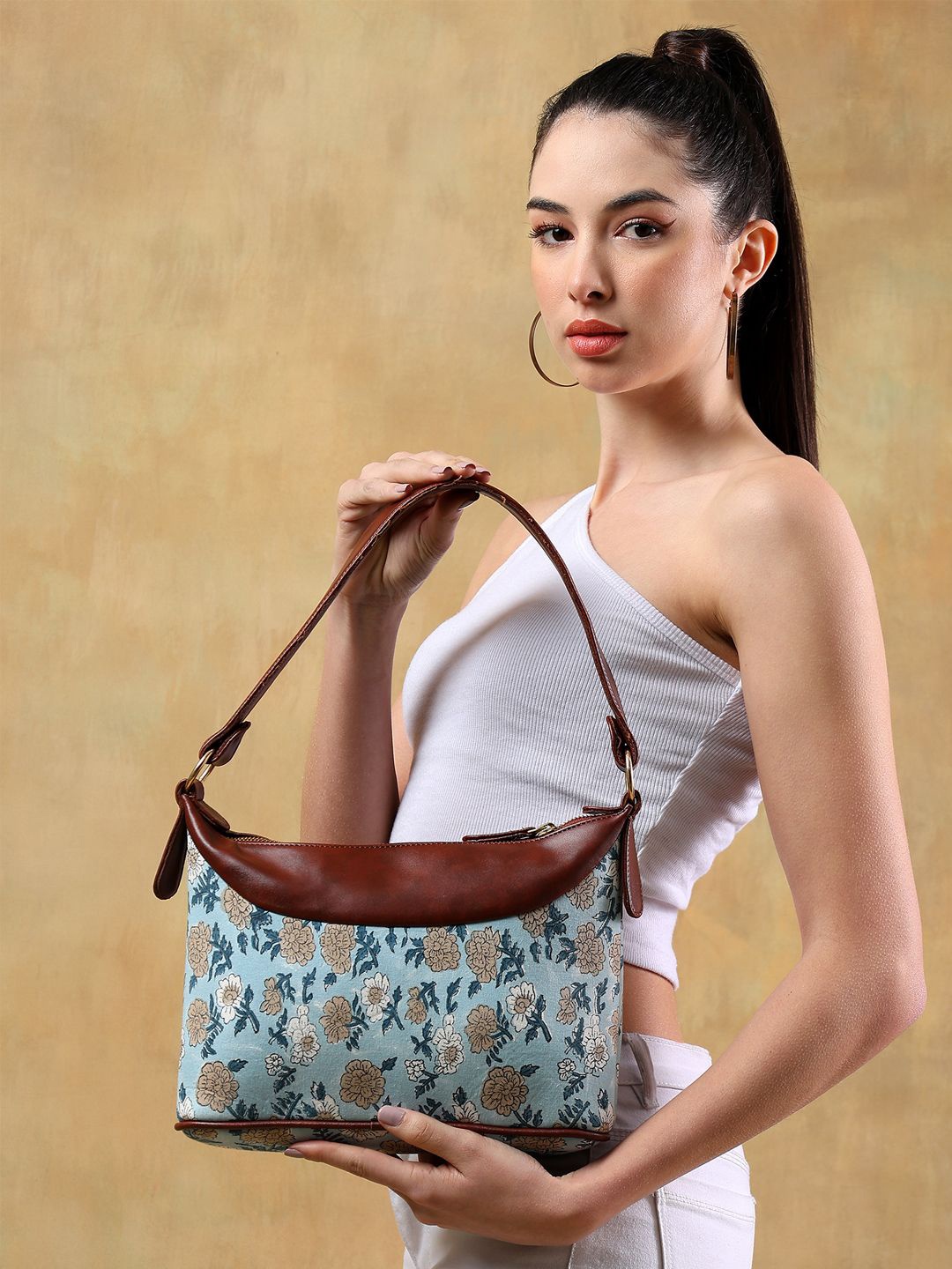 

Block N Style Floral Printed Structured Tote Bag with Fringed, Blue