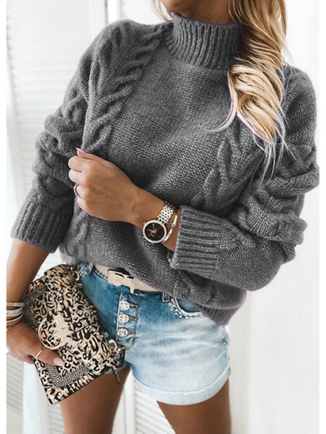 

StyleCast Women Turtle Neck Long Sleeves Cable Knit Pullover, Grey