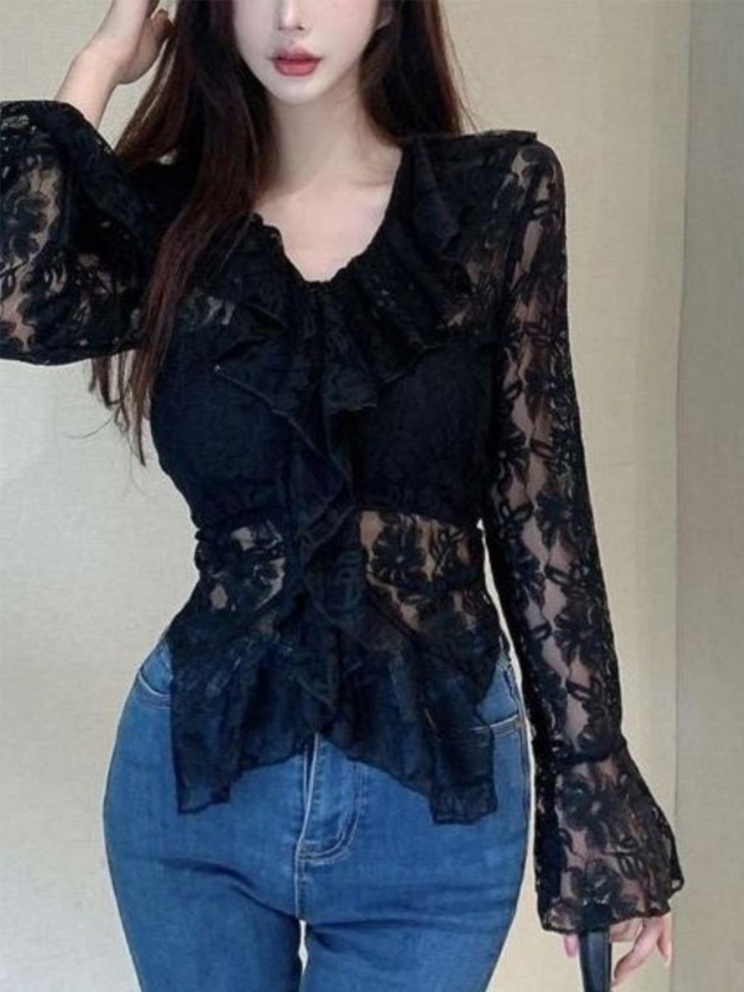 

HERE&NOW Women Floral Self Design Lace Long Sleeves Shirt Style Top, Black