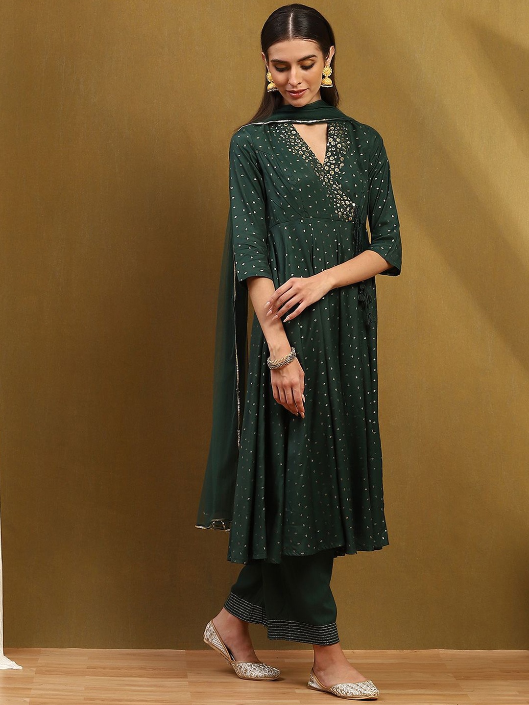 

Biba Ethnic Motifs Printed Anarkali Kurta With Palazzos & Dupatta, Green