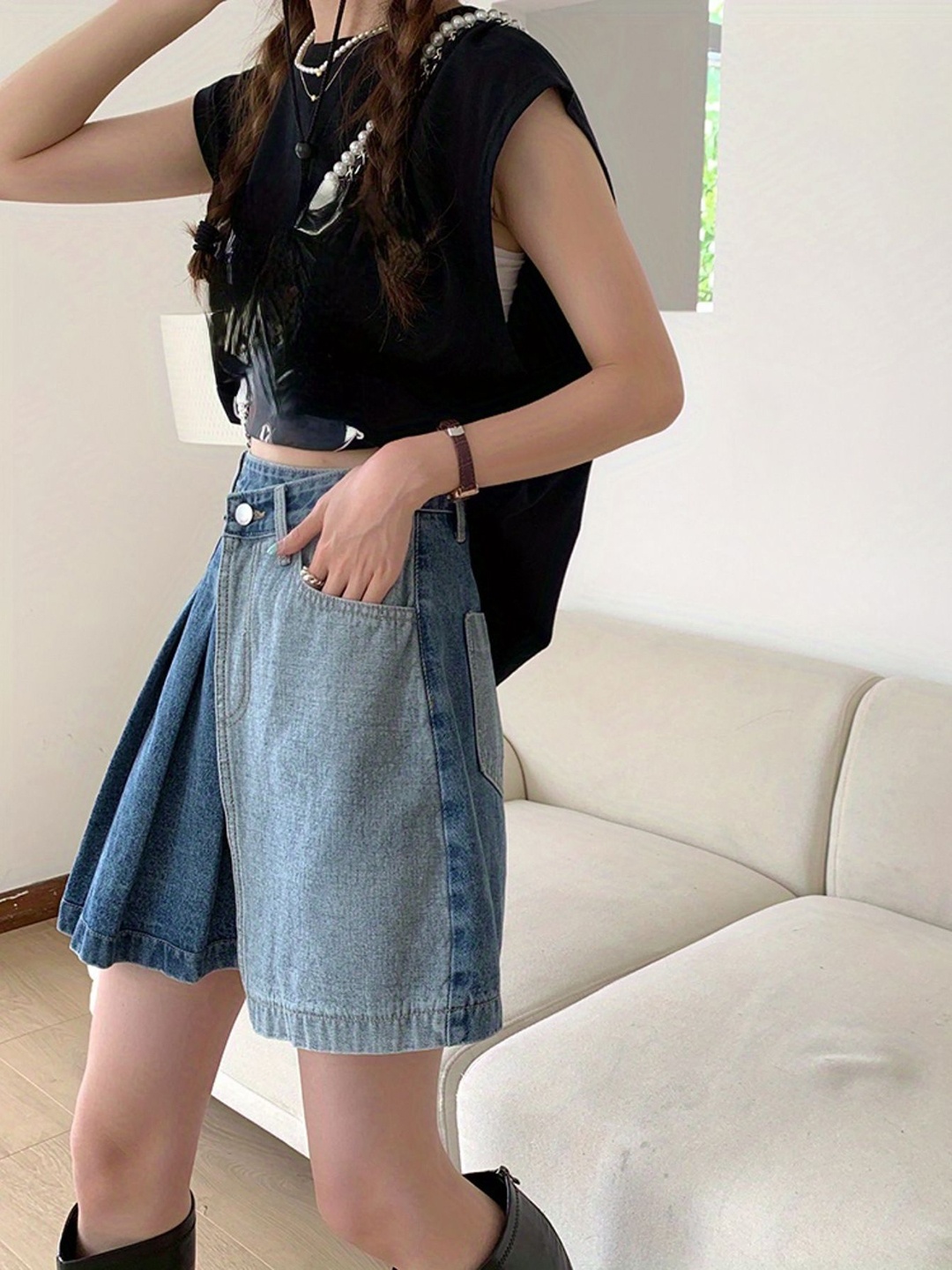 

StyleCast Women Denim Pleated Mini Skirt, Blue