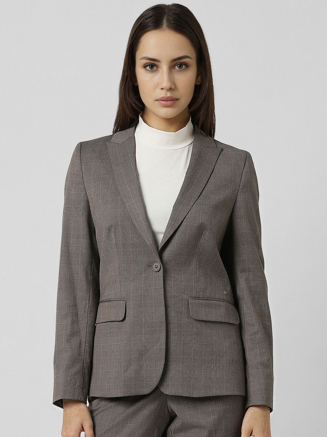 

Van Heusen Woman Checked Peaked Lapel Collar Single Breasted Formal Blazer, Grey