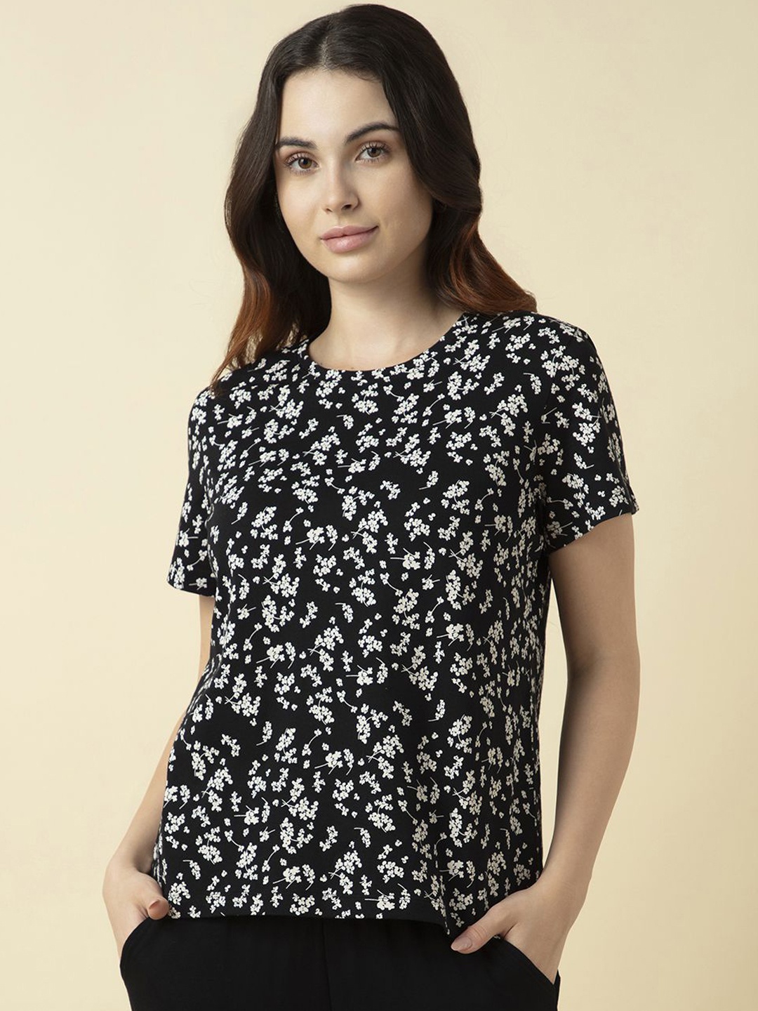 

Van Heusen Women Cotton Printed Relax Fit Lounge T-Shirt, Black