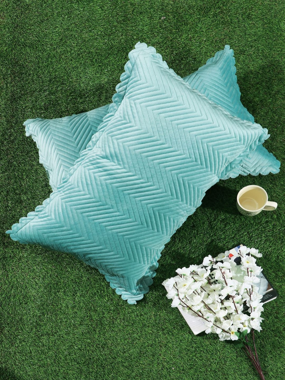 

HOSTA HOMES Turquoise Blue 2 Pieces Self Design Velvet Rectangle Pillow Covers