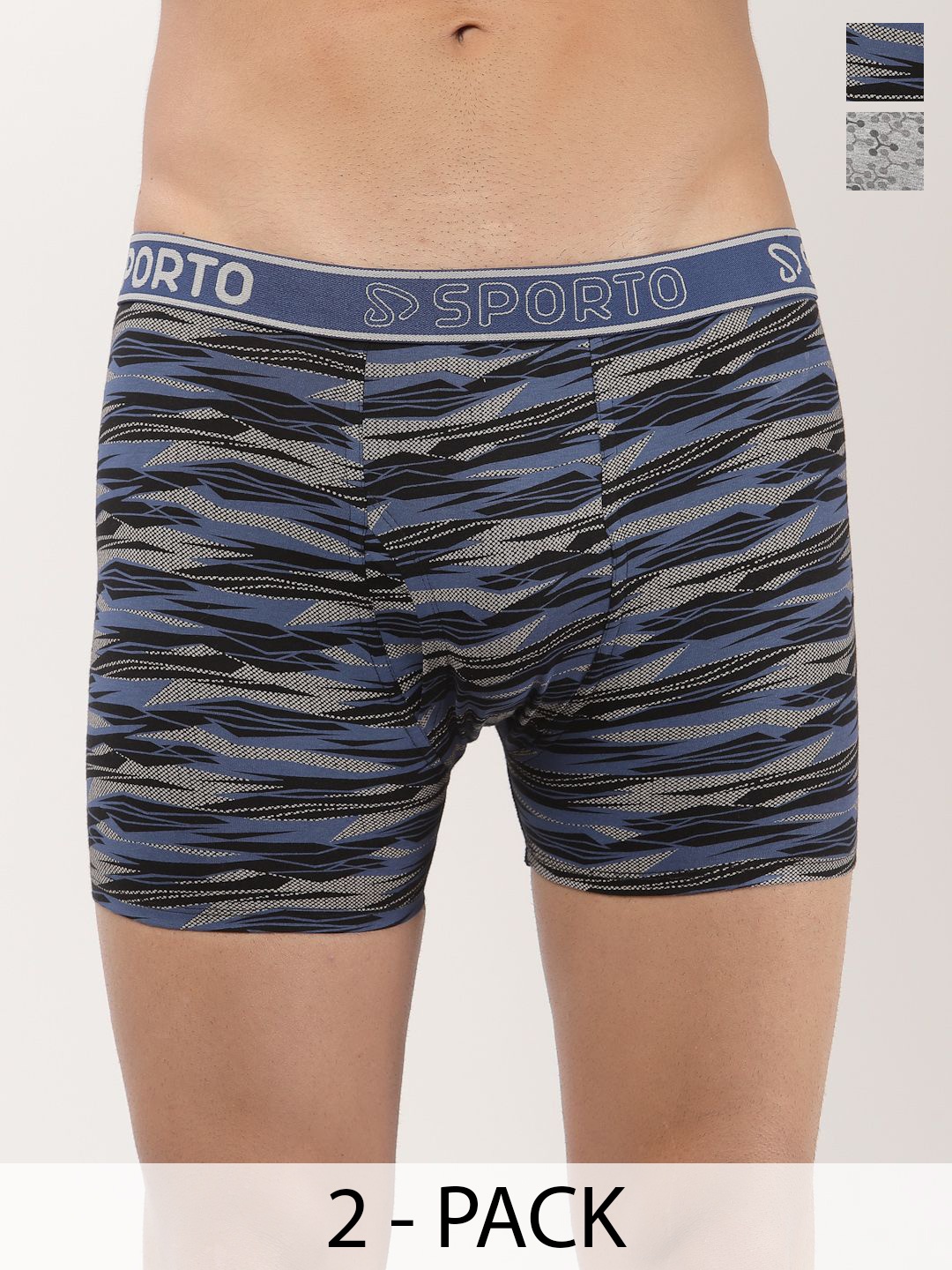 

SPORTO Men Pack Of 2 Printed Cotton Trunks - SP-TR-M1031-GM-BLK-XL-2P-RE, Grey