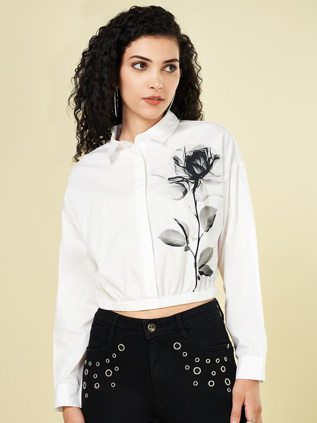 

SF JEANS by Pantaloons Women Floral Printed Shirt Style Cotton Crop Top, White