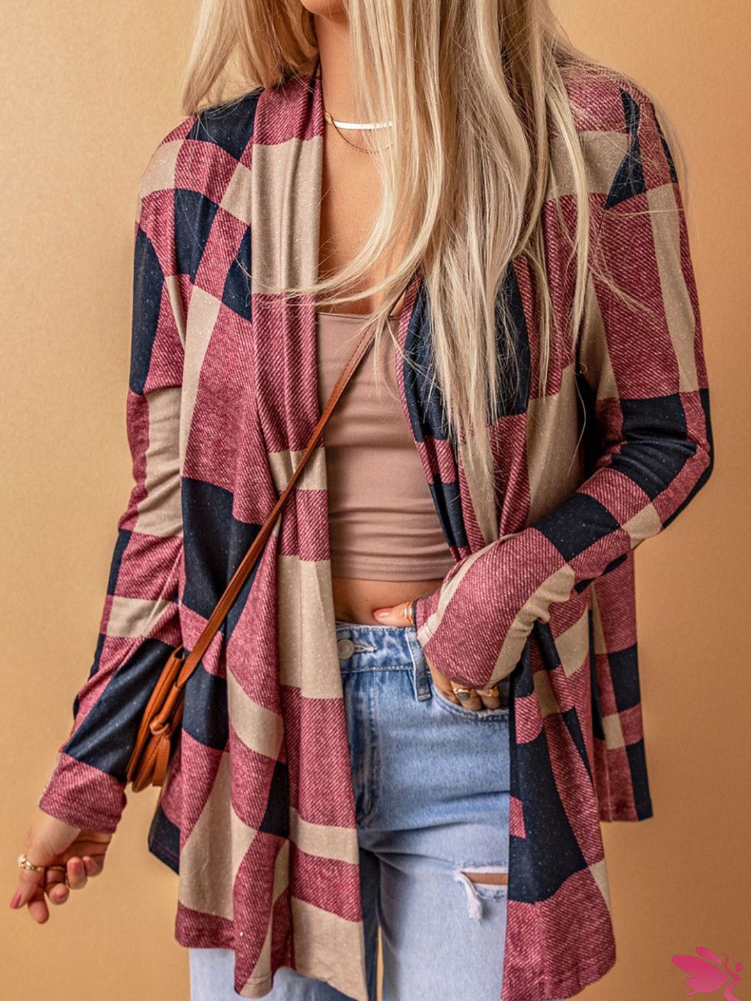 

HERE&NOW Women Checked Longline Cardigan, Pink
