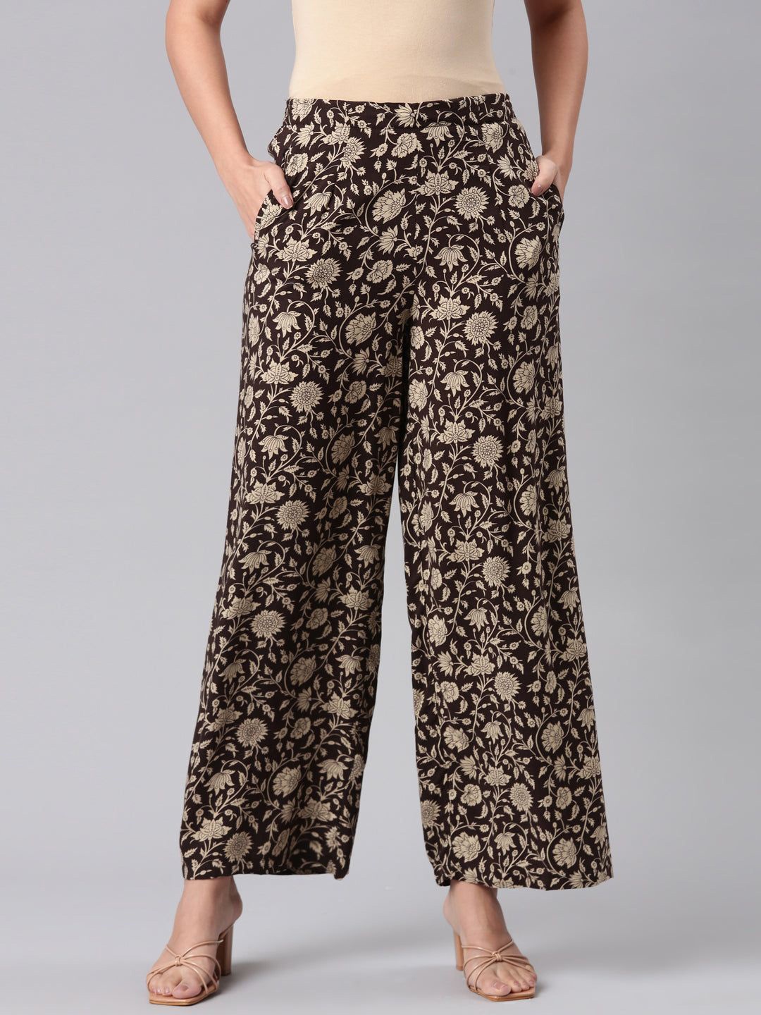 

Go Colors Women Floral Printed Palazzos, Brown