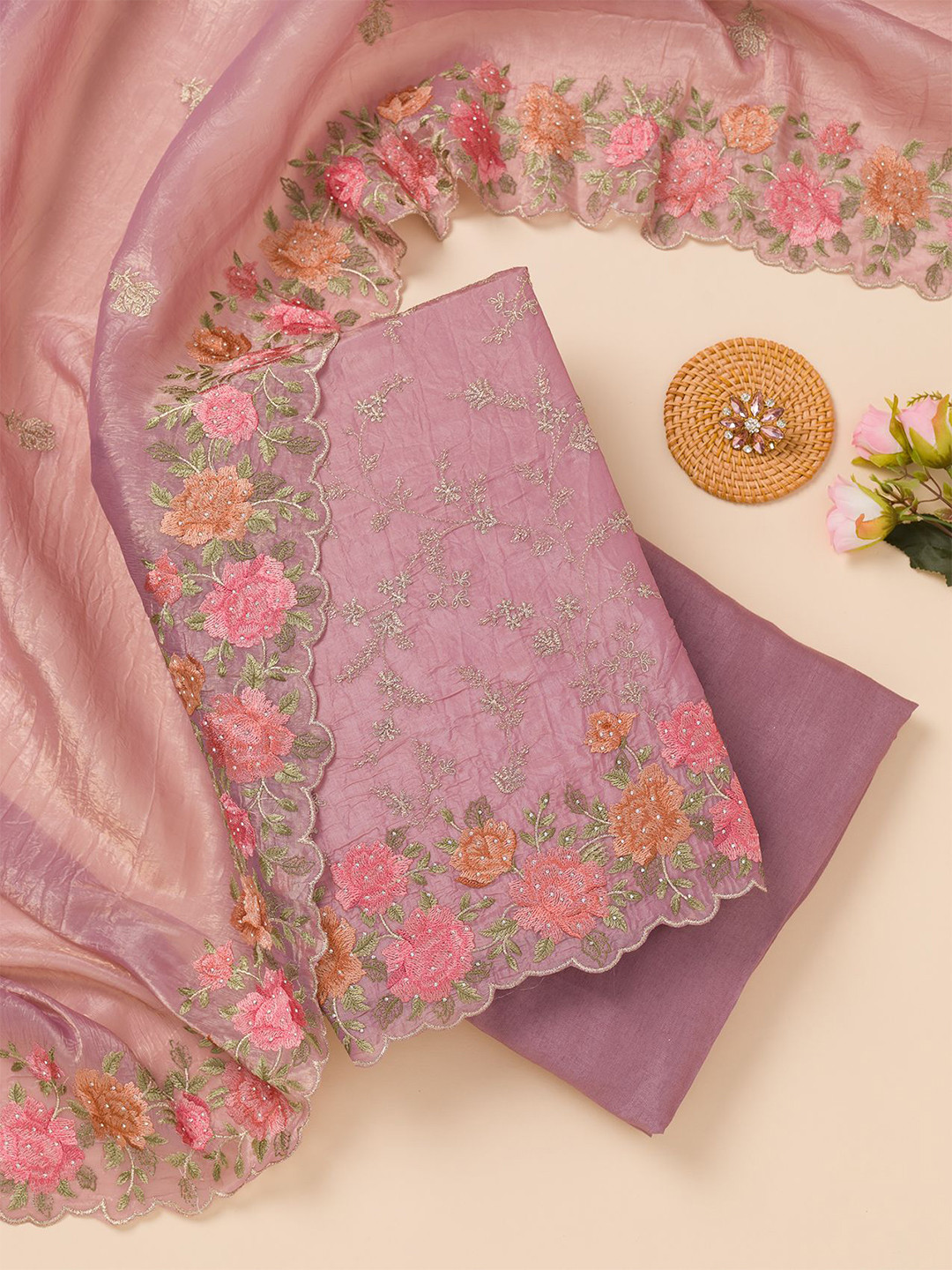 

Koskii Floral Embroidered Zari Unstitched Dress Material, Purple