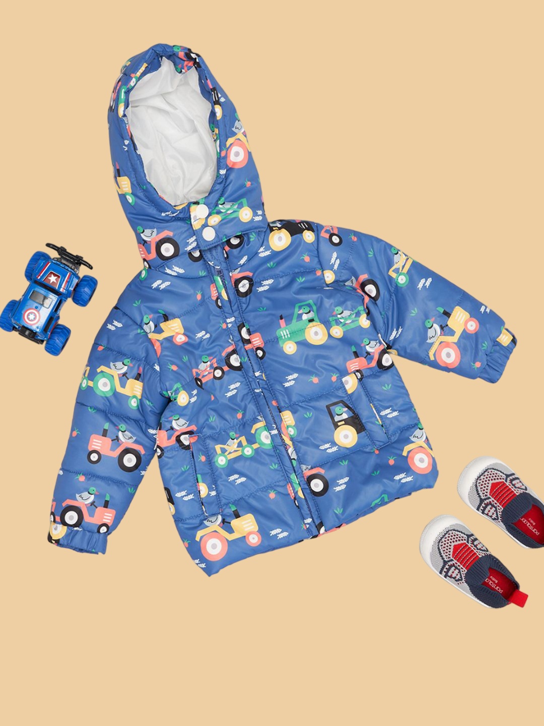 

Pantaloons Baby Boys Floral Crop Puffer Jacket with Patchwork, Navy blue