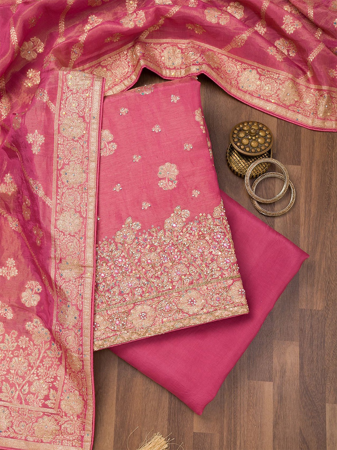 

Koskii Floral Embroidered Zari Work Unstitched Dress Material, Pink