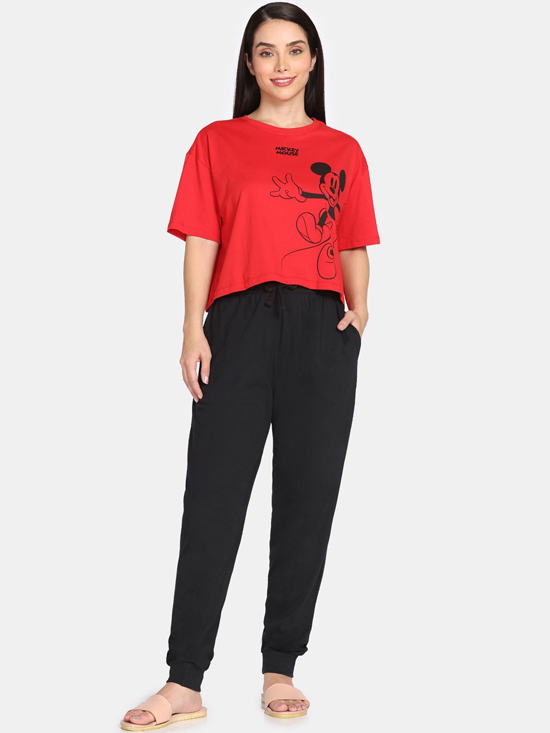 

Zivame Women Pure Cotton Printed Top & Joggers Co- Ords, Red