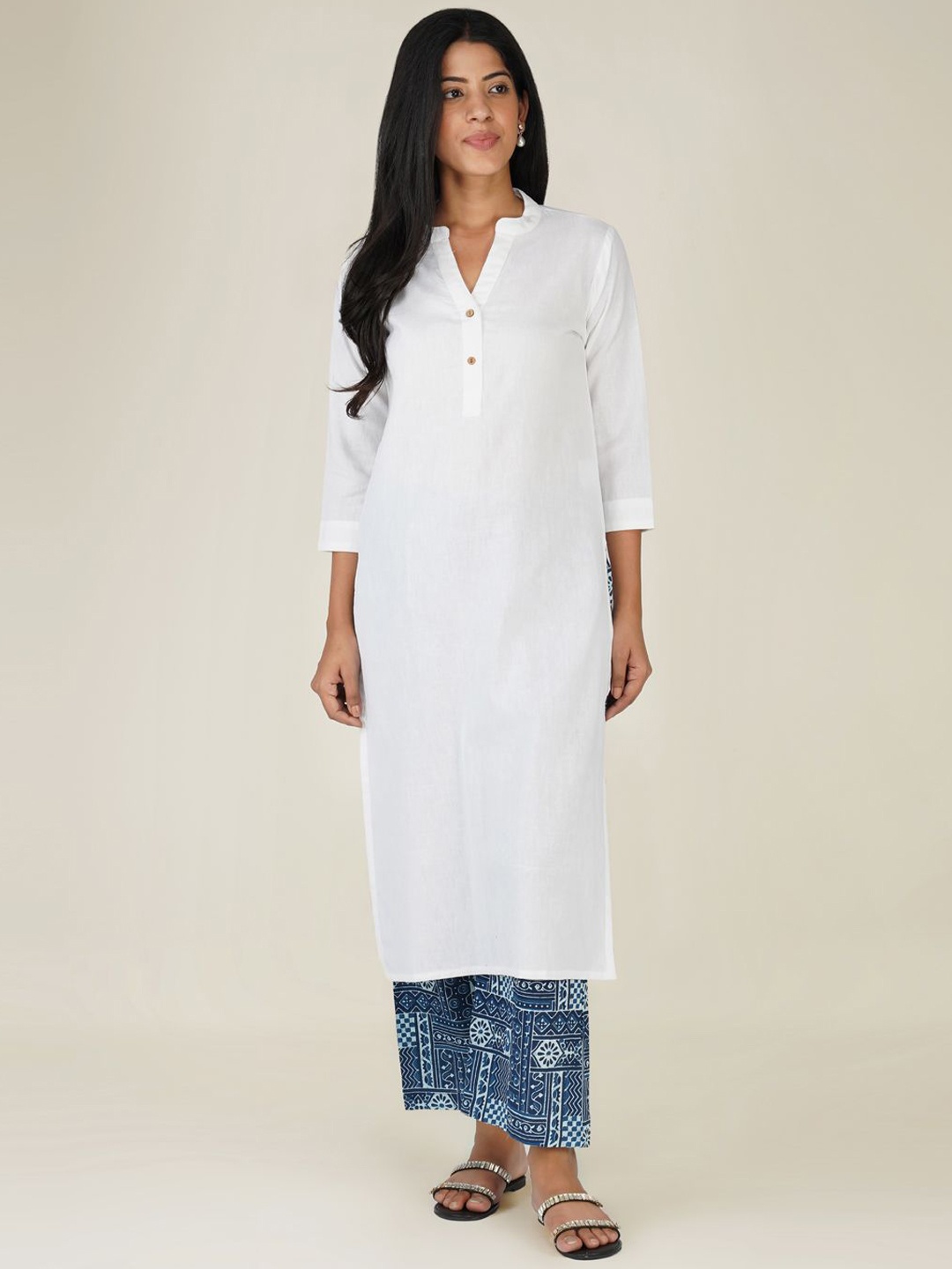 

SPARSA Mandarin Collar Pure Cotton Straight Kurta with Palazzos, White