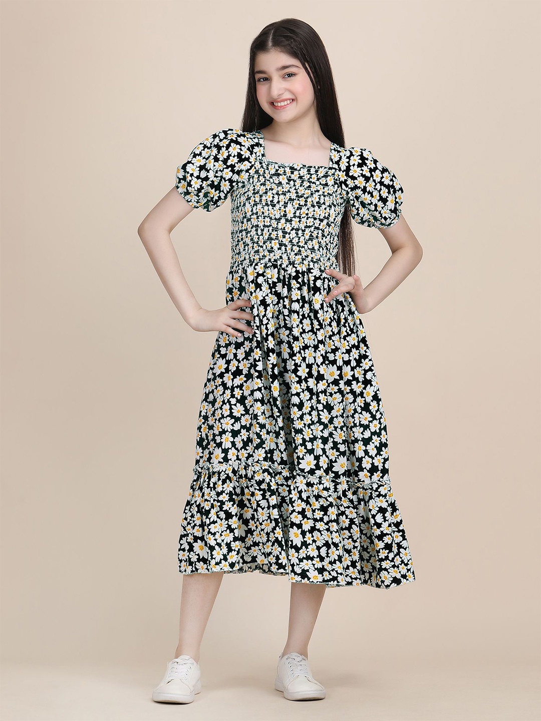 

DEKLOOK Girls Floral Printed Fit & Flare Midi Dress, Black