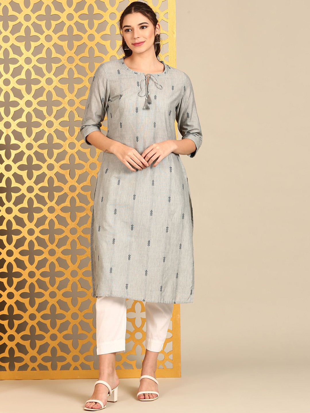 

Anouk Grey Ethnic Motifs Woven Design Tie Up Neck Pure Cotton Straight Kurta