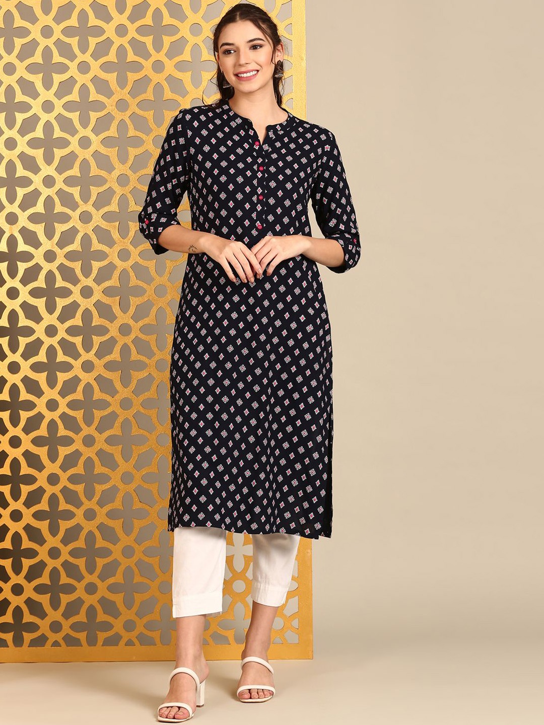 

Anouk Navy Blue Ethnic Motifs Printed Mandarin Collar Straight Kurta