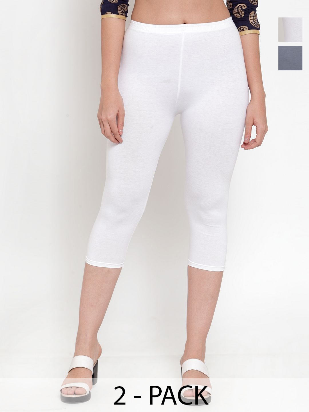 

GRACIT Women Pack of 2 Cotton Skinny Fit Mid-Rise Capris, White