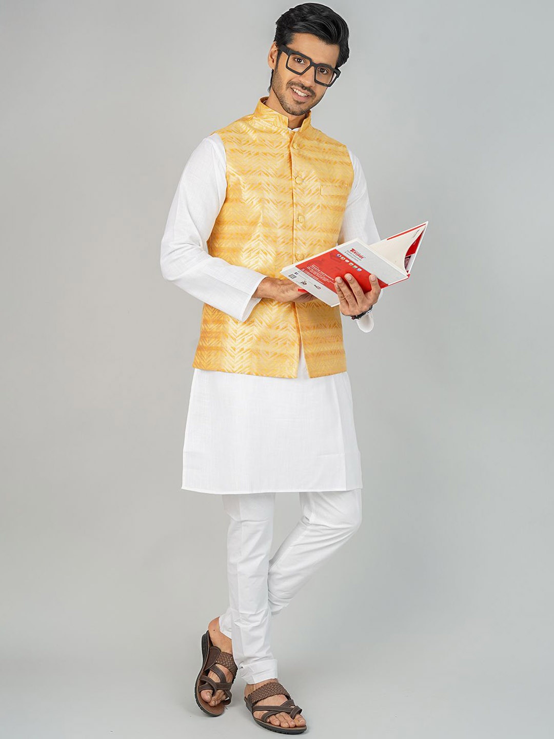 

Wintage Mandarin Collar Cotton Silk Straight Kurta with Pyjamas & Nehru Jacket, White