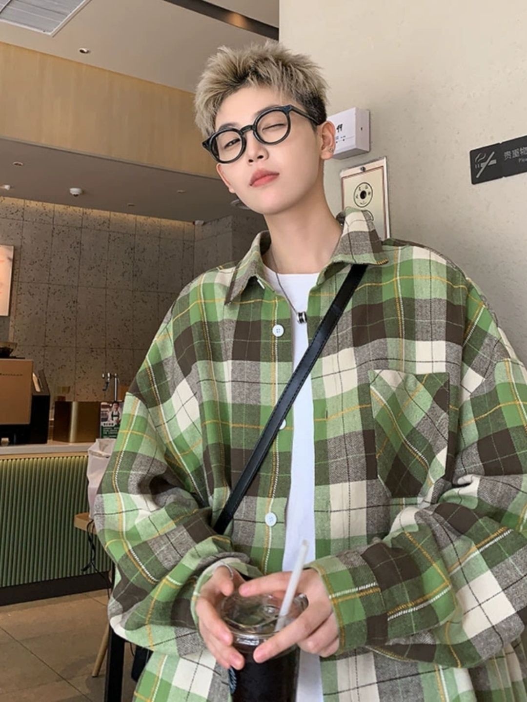 

KPOP Men Comfort Tartan Checks Opaque Checked Casual Shirt, Green