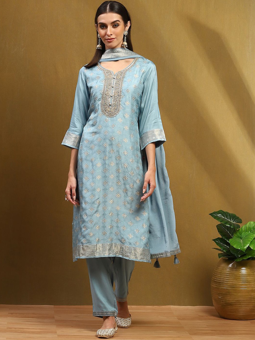 

Biba Geometric Embroidered Sequinned Kurta with Trouser & Dupatta, Blue