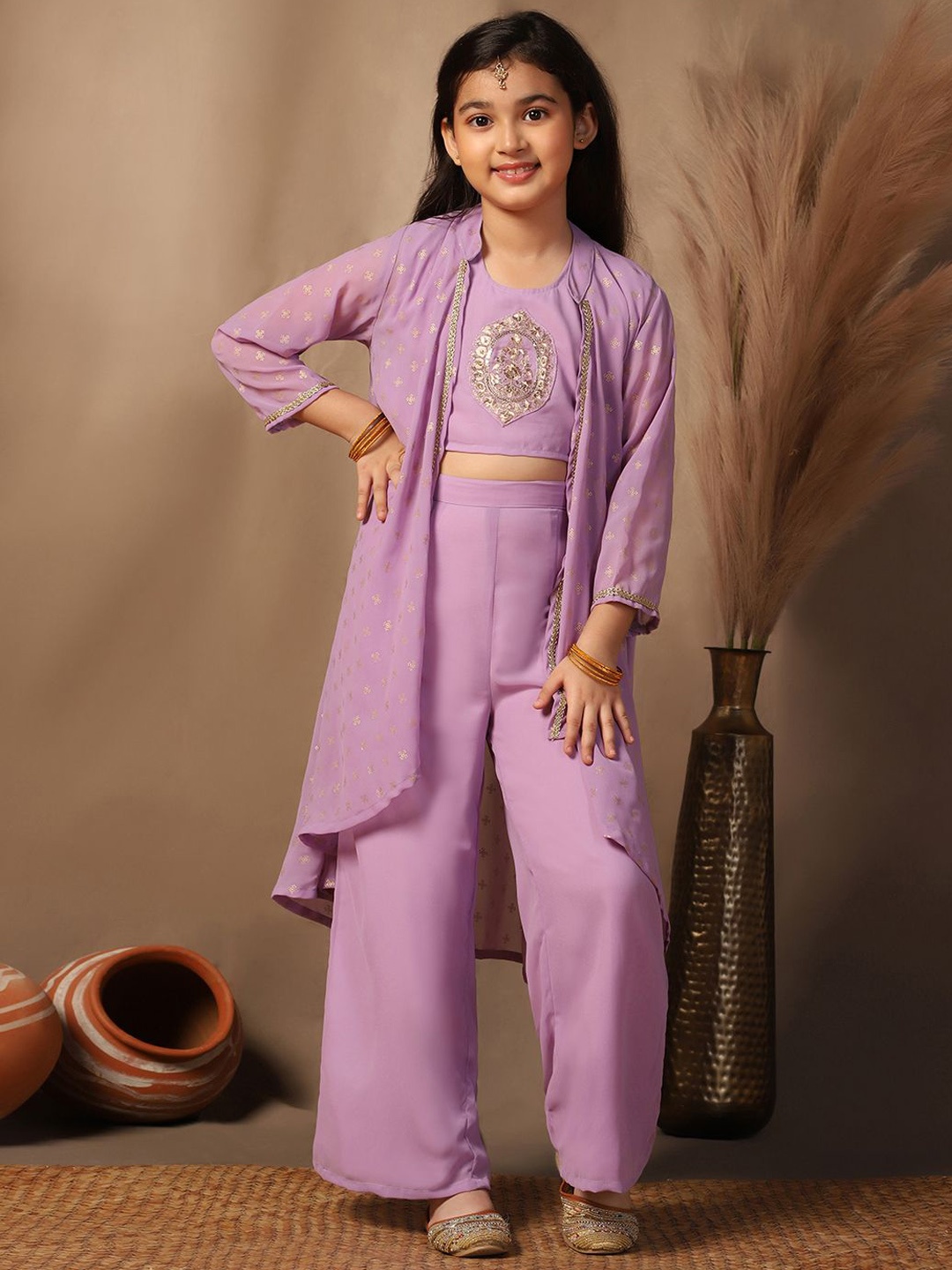 

FASHION DREAM Girls Ethnic Motifs Embroidered Regular Patchwork Top with Palazzos & Tassels, Lavender