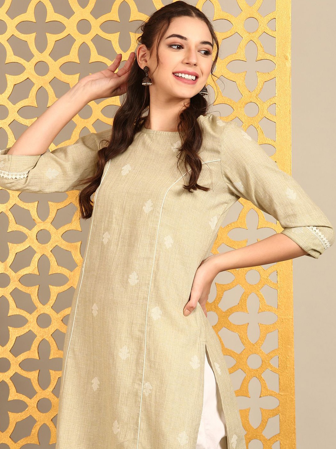 

Anouk Green Geometric Woven Design Pure Cotton Straight Kurta