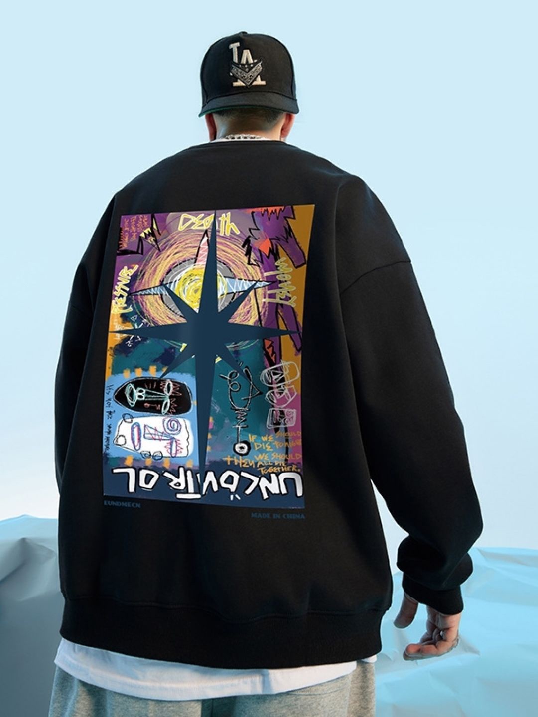 

KPOP Men Cotton Graphic Printed Round Neck Long Sleeves Pullover Sweatshirt, Black