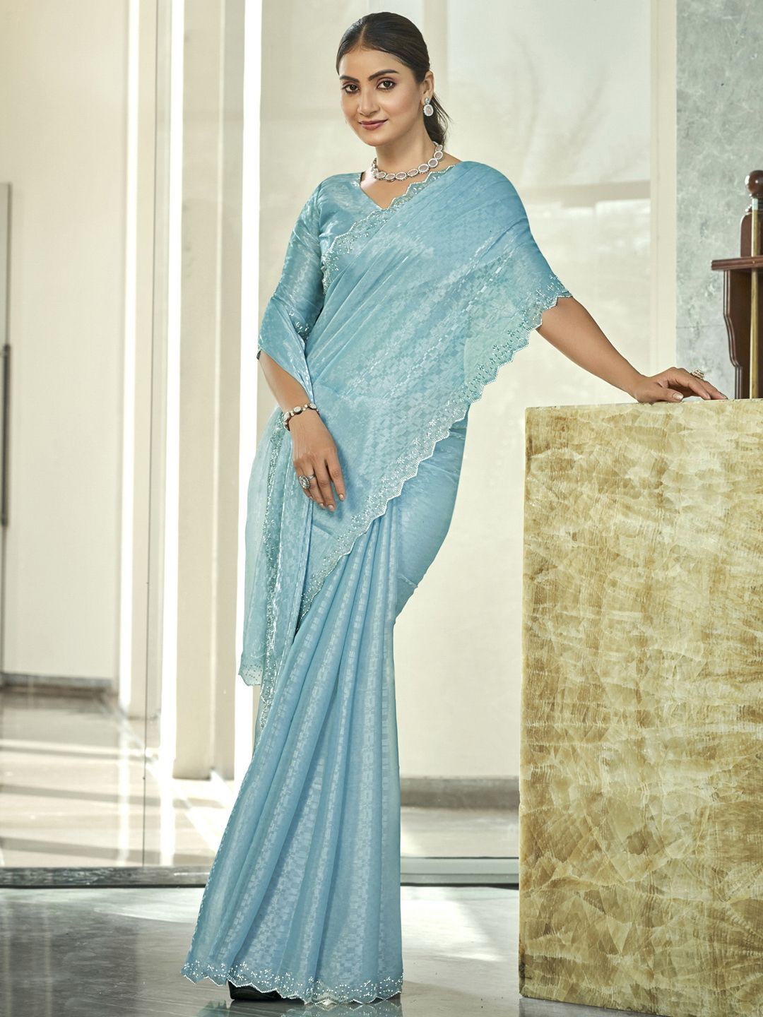 

Stylee LIFESTYLE Embellished Beads and Stones Saree, Turquoise blue