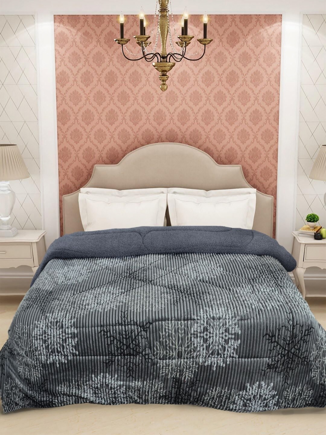 

FABINALIV Grey & White Floral 950 GSM Woollen Heavy Winter Double Bed Quilt