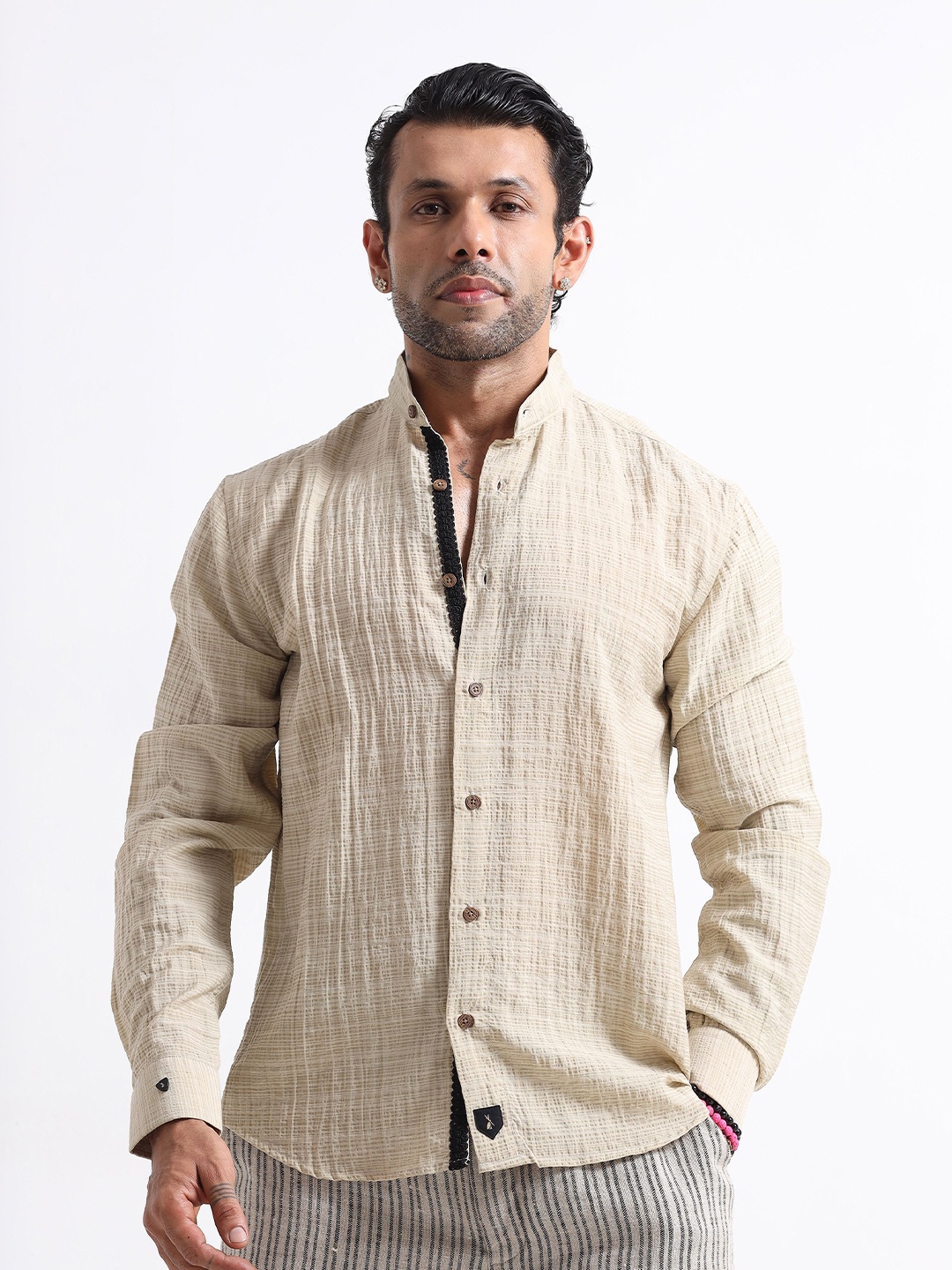 

Italian Colony Premium Crushed Mandarin Collar Casual Shirt, Cream