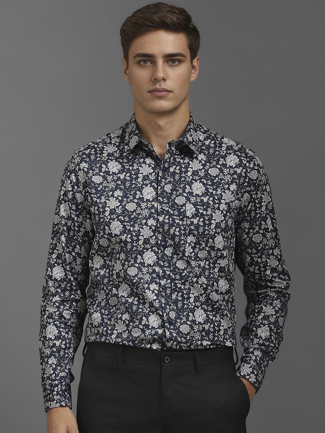 

Louis Philippe Men Classic Floral Opaque Printed Formal Shirt, Navy blue