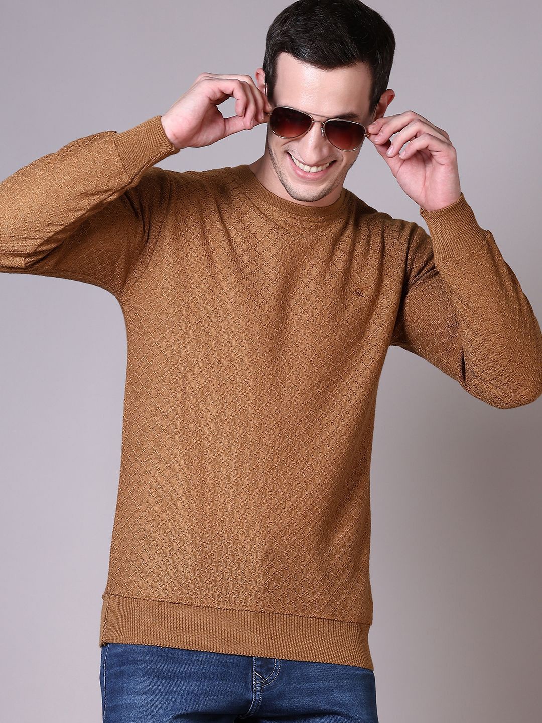 

V-Mart Men Round Neck Self Design Pullover, Brown