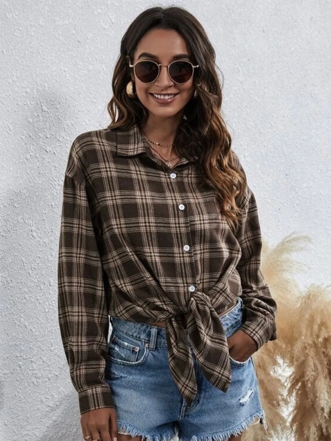 

HERE&NOW Women Original Tartan Checks Opaque Checked Casual Shirt, Brown