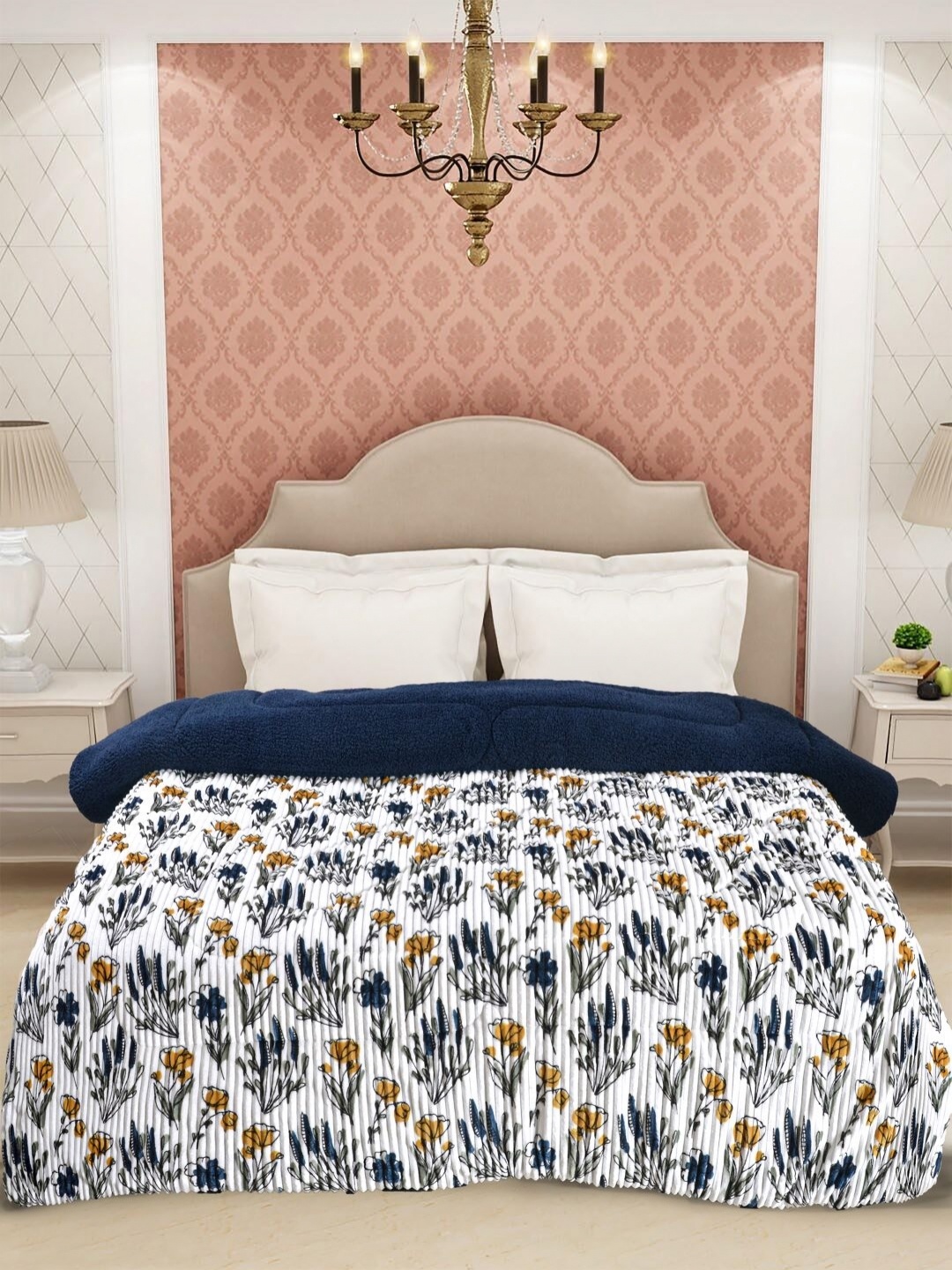 

FABINALIV White & Blue Floral 950 GSM Woollen Heavy Winter Double Bed Quilt