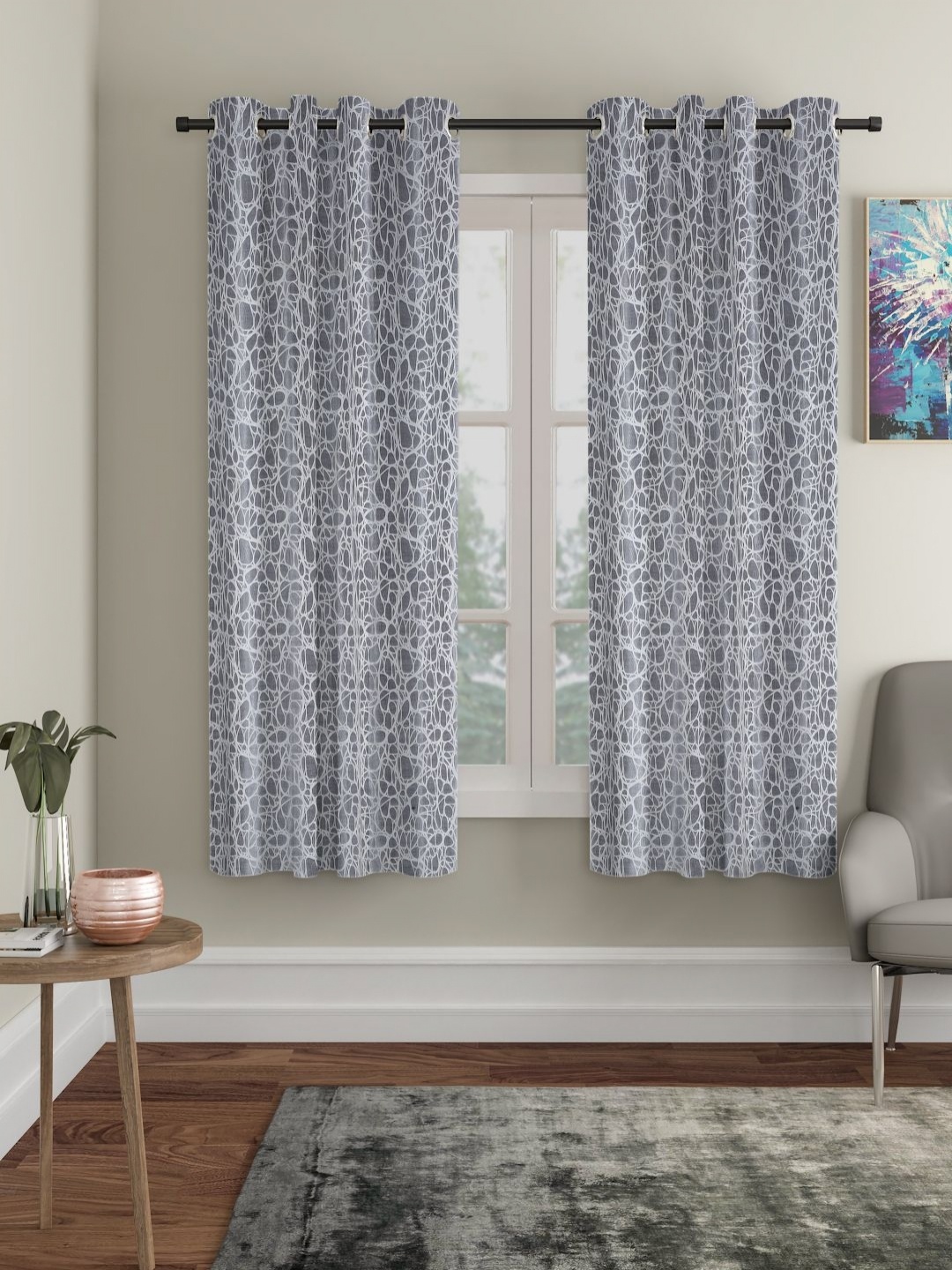 

HOSTA HOMES Grey & White 2 Pieces Abstract Printed Window Curtains