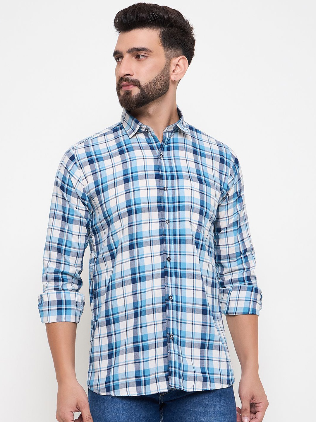 

Duke Men Slim Fit Opaque Checked Casual Shirt, Blue