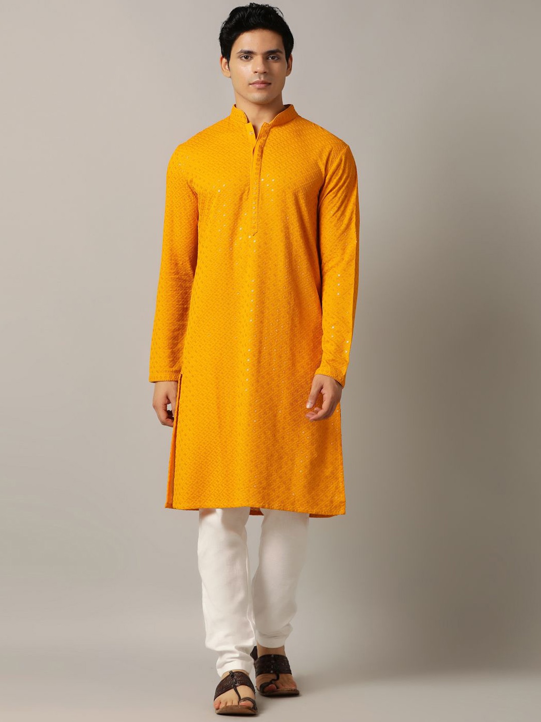 

THE KURTA COMPANY Geometric Embroidered Mandarin Collar Sequinned Straight Kurta, Yellow