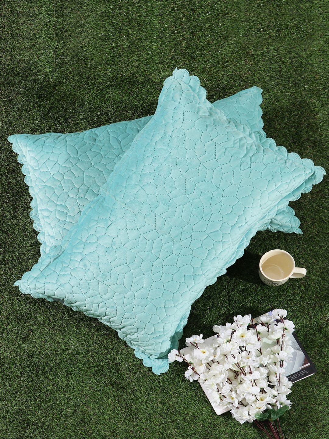

HOSTA HOMES Turquoise Blue 2 Pieces Self Design Velvet Rectangle Pillow Covers