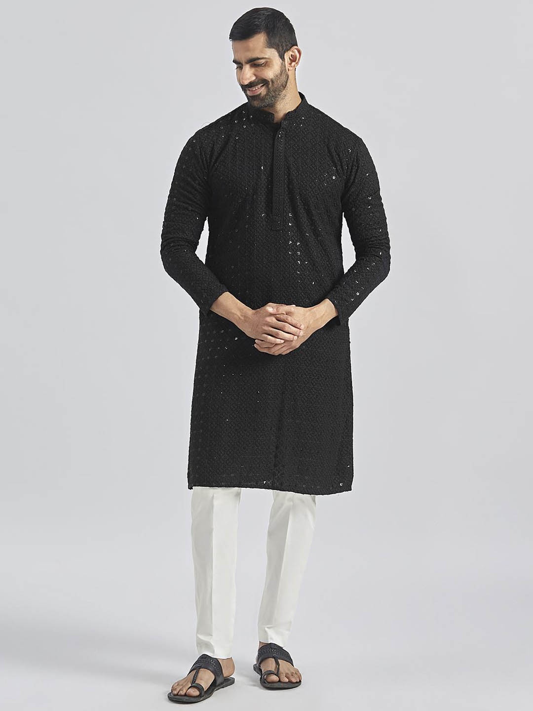 

VASTRAMAY Floral Schiffli Embroidered Sequinned Mandarin Collar Straight Kurta & Trousers, Black