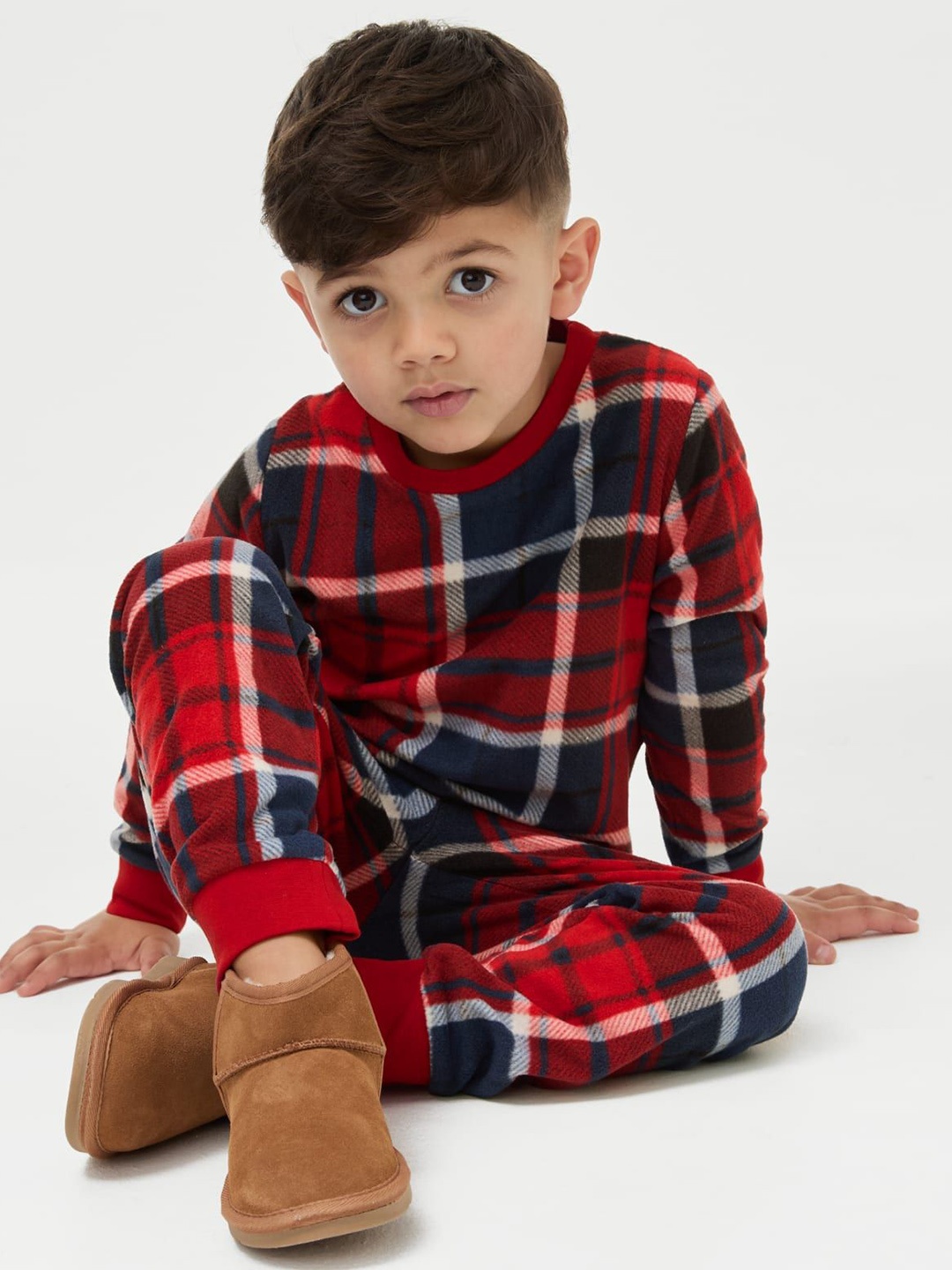 

Marks & Spencer Kids Checked Round Neck Long Sleeves Night suit, Red