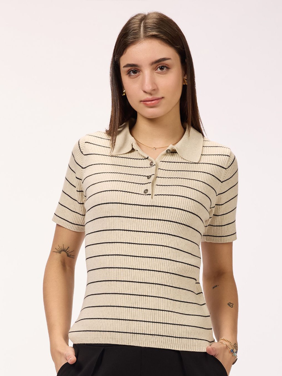 

Bombay High Women Striped Regular Fit Polo T-Shirt, Beige