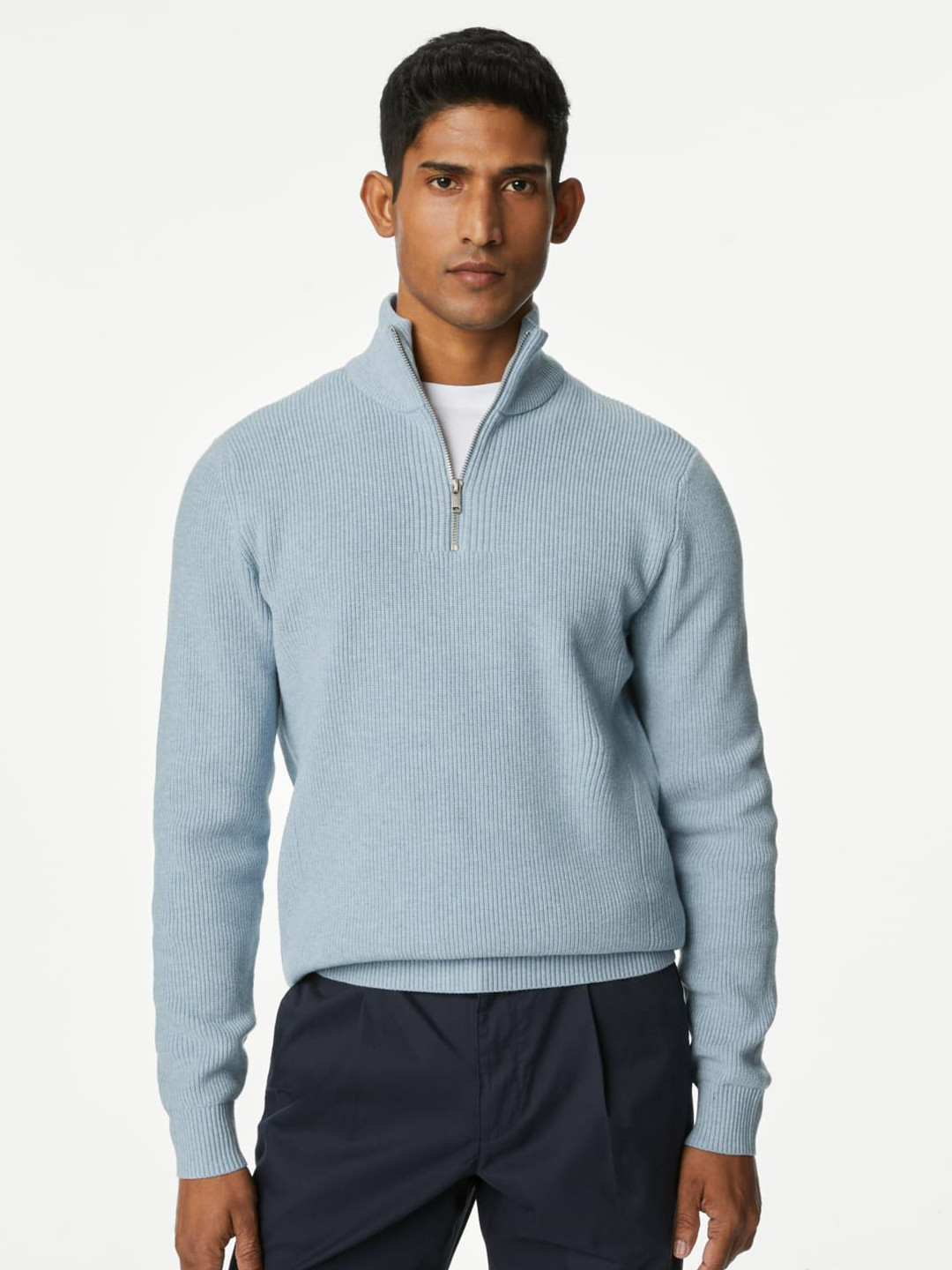 

Marks & Spencer Men Mock Collar Long Sleeeves Pullover, Blue