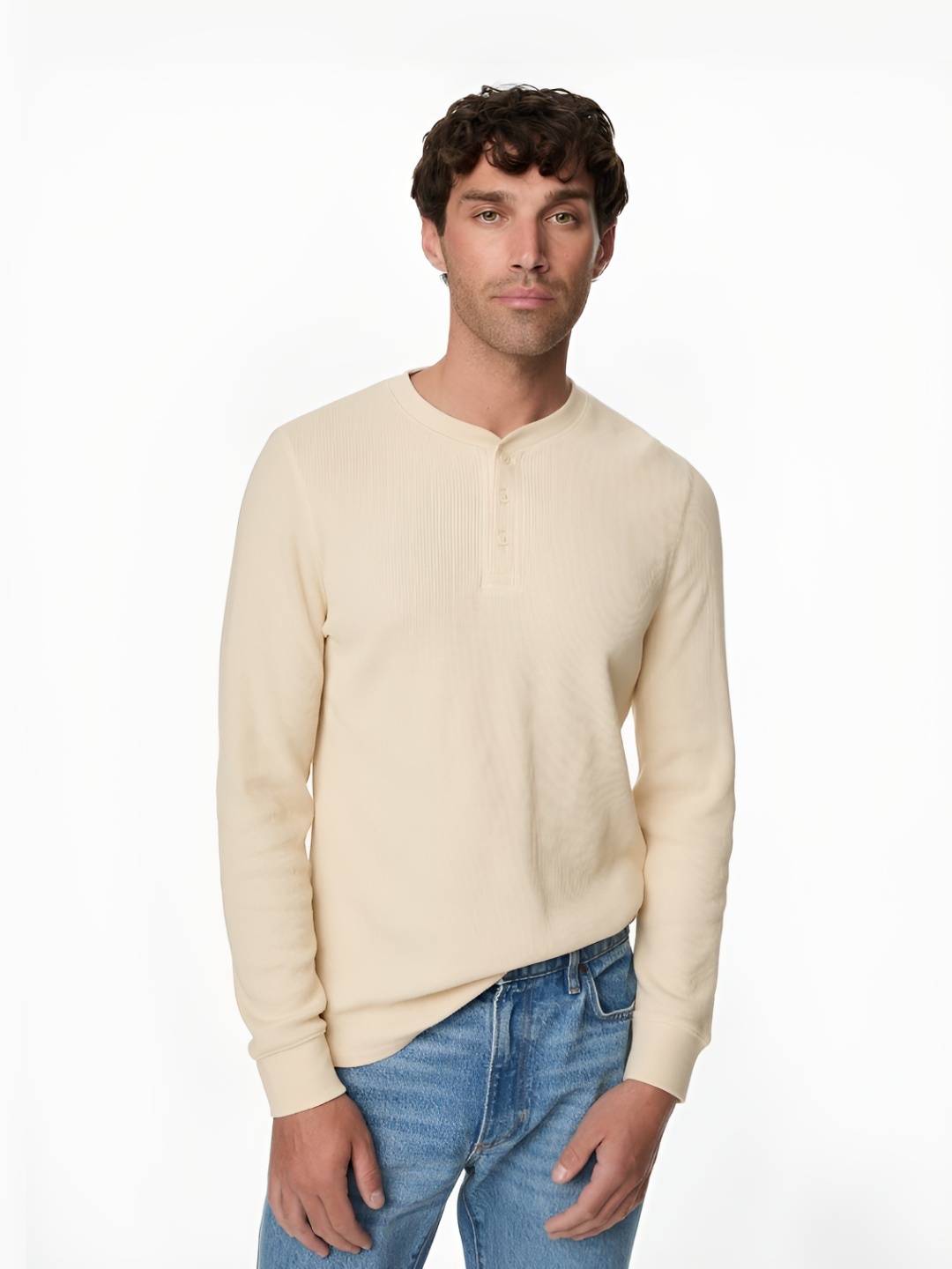 

Marks & Spencer Men Henley Neck Raw Edge T-shirt, Beige